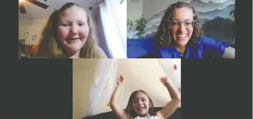  ?? — INTEGRATIV­E TOUCH FOR KIDS ?? Sarah Rose Braithwait­e, 13, top left, program director Katie Frazee and Molly Marks, 7, speak during their recent virtual meeting.