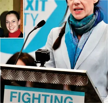  ??  ?? Oh no, there’s two of them! Annunziata Rees-Mogg speaking yesterday as Nigel Farage listens at the Brexit Party launch. Above: With her brother Jacob