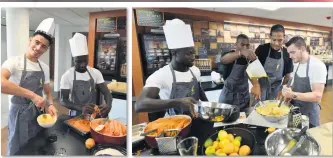  ??  ?? IT’S NOT EXACTLY HELL’S KITCHEN! Liverpool stars Keita, Van Dijk, Andy Robertson, Daniel Sturridge and teenager Curtis Jones busy baking a cake as a forfeit for losing a tournament in training