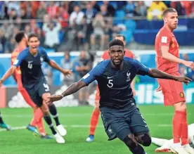  ??  ?? France defender Samuel Umtiti scored the lone goal in the World Cup semifinal win over Belgium. CHRISTOPHE SIMON/AFP/GETTY IMAGES