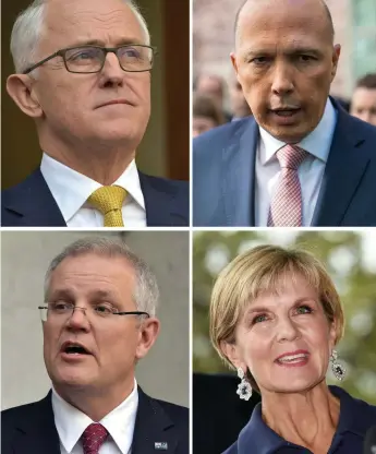  ??  ?? With the axe about to fall on PM Malcolm Turnbull (top left), three contenders for the leadership have emerged (clockwise from top right) Peter Dutton, Julie Bishop and Scott Morrison.