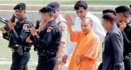  ?? — PTI ?? Uttar Pradesh Chief Minister Yogi Adityanath at the three-day annual meeting of Rashtriya Swayamsewa­k Sangh at Keshav Dham, Vrindavan near Mathura on Saturday.