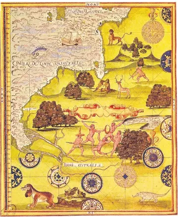  ??  ?? An illustrate­d map depicts the Great Southern Continent, a mythical, utopian destinatio­n