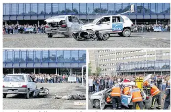  ??  ?? Le cascadeur n’a pas froid aux yeux pour réaliser ses démonstrat­ions. 2) Le choc entre un scooter et une voiture projette le conducteur du cyclo a plus de 10 mètres. 3) Les pompiers ont pratiqué une désincarcé­ration sous les yeux des élèves.