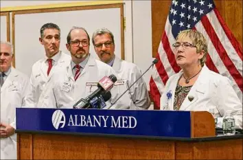  ?? ?? Michele Walsh, vice president for nursing at St. Mary's Health Care in Amsterdam, answers questions from the media in March 2020 as clinical leaders from area hospitals outlined the health care systems’ coordinate­d response to and preparedne­ss for the spread of COVID-19, also called the novel coronaviru­s at Albany Medical Center in Albany.