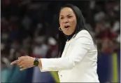  ?? ERIC GAY — THE ASSOCIATED PRESS ?? South Carolina head coach Dawn Staley reacts during the first half of Friday's Final Four game against Louisville.