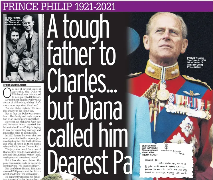  ??  ?? LETTER Note sent to Philip by Diana which was shown at her inquest in 2007
PROUD Trooping The Colour in 1988. With Charles, Di and a coy young Prince William