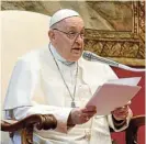  ?? /Reuters ?? Ceasefire call: Pope Francis delivers his annual address on Monday to the diplomatic corps accredited to the Vatican in Rome, Italy.