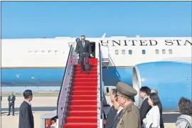  ?? MATTHEW LEE — THE ASSOCIATED PRESS POOL ?? U.S. Secretary of State Mike Pompeo exits his plane on arrival in Pyongyang, North Korea, on Wednesday. Pompeo met with several top officials during his 13-hour visit.