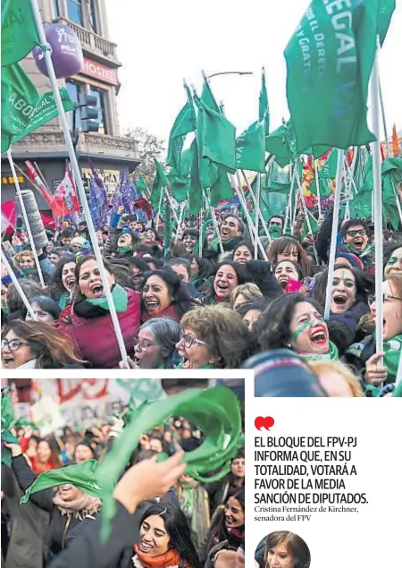  ?? (TÉLAM Y P. CASTILLO) ?? Festejos verdes. La media sanción de Diputados desató la alegría entre las impulsoras del aborto legal, en Buenos Aires y en Córdoba.