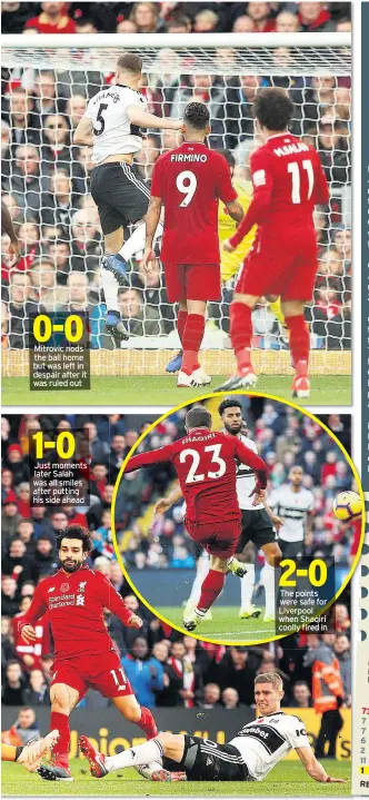  ??  ?? Mitrovic nods the ball home but was left in despair after it was ruled out Just moments later Salah was all smiles after putting his side ahead The points were safe for Liverpool when Shaqiri coolly fired in