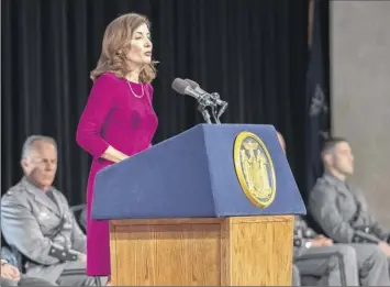  ??  ?? Lt. Gov. Kathy Hochul speaks to the graduates and their families at the ceremony which was held at the empire State Plaza Convention Center in Albany.