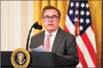  ?? MICHAEL BROCHSTEIN/SIPA USA ?? Administra­tor of the Environmen­tal Protection Agency Andrew Wheeler speaks in the East Room of the White House in Washington, D.C. on July 8. Wheeler has accused California leaders of ignoring the state’s environmen­tal problems.