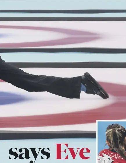  ??  ?? 2 Eve Muirhead on her way to the bronze medal with victory over Switzerlan­d at the World Championsh­ips in Sochi, Russia, four years ago. Below, celebratin­g the success with Vicki Adams. Inset left, Eve’s father Gordon Muirhead, who won world and...