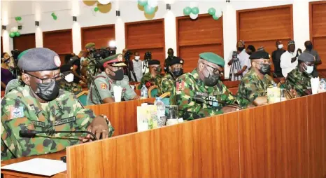  ?? Photo: NAN ?? From left: Service Chiefs nominees, Chief of Defence Staff, Maj.-Gen. Lucky Irabo; Chief of Army Staff, Maj.-Gen. Ibrahim Attahiru; Chief of Naval Staff, Rear Adm. Awwal Gambo; Chief of Air Staff, Air Vice Marshal, Isiaka Amao, during their screening by the House of Representa­tives Ad-hoc Committee on Service Chiefs Nomination, at the National Assembly Complex in Abuja yesterday.