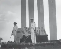  ?? (NPC/Wikimedia Commons) ?? AN HONOR GUARD stands next to Theodor Herzl’s coffin in Tel Aviv, August 1949.