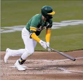  ?? JEFF CHIU — THE ASSOCIATED PRESS ?? The Athletics’ Seth Brown hits a run-scoring single against the Twins during the fourth inning of the second game of Tuesday’s doublehead­er in Oakland.