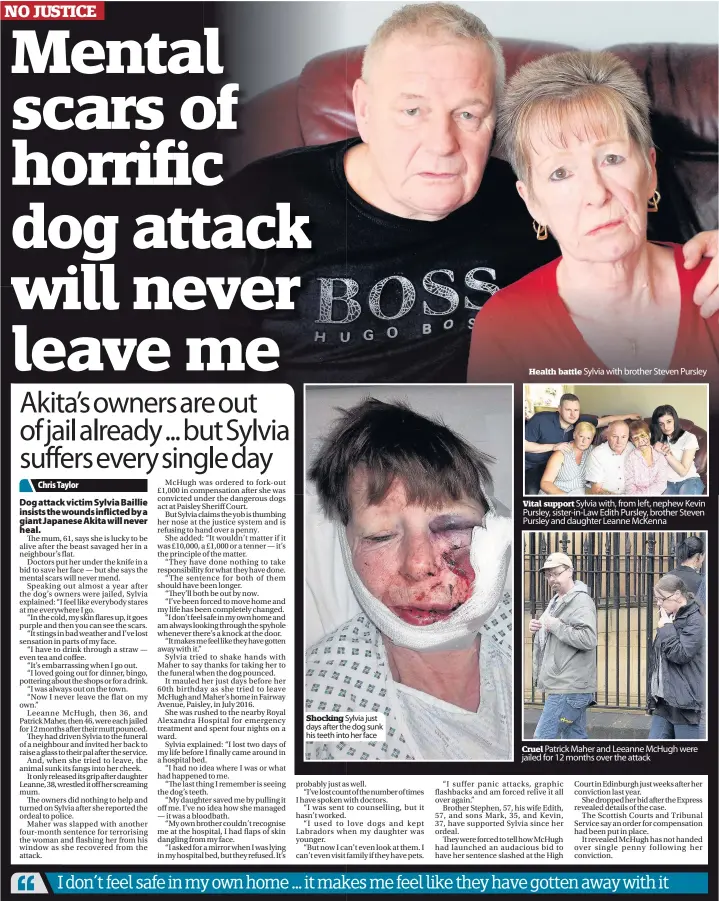  ??  ?? Shocking Sylvia just days after the dog sunk his teeth into her face Health battle Sylvia with brother Steven Pursley Vital support Sylvia with, from left, nephew Kevin Pursley, sister-in-Law Edith Pursley, brother Steven Pursley and daughter Leanne...