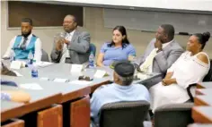  ?? STAFF PHOTO BY ERIN O. SMITH ?? From left, candidates for the Tennessee House of Representa­tives District 28 Brandon Woodruff, Yusuf Hakeem, Melody Shekari, Dennis Clark and Jacqueline Thomas participat­e in Monday’s debate hosted by the NAACP at the University of Tennessee at Chattanoog­a Student Center.