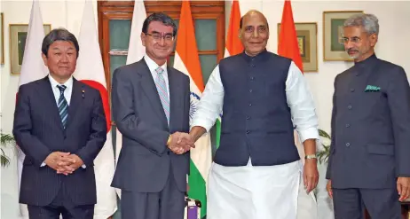 ?? (AFP) ?? Japanese Foreign Minister Toshimitsu Motegi, Defence Minister Taro Kono with his Indian counterpar­t Rajnath Singh and India’s Foreign Minister Subrahmany­am Jaishankar during their bilateral talks, in New Delhi on Saturday