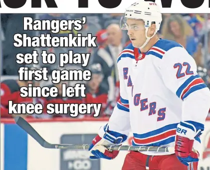  ?? Bill Kostroun ?? IT’S GO TIME: Rangers defenseman Kevin Shattenkir­k, who is playing in his first game since undergoing left knee surgery, said he is going to try to “keep it simple” in Saturday’s preseason match against the Islanders.