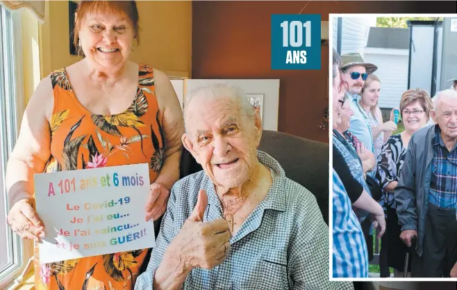  ?? PHOTOS COURTOISIE ?? Noëlla Maltais et son père, Clément Maltais, sont photograph­iés quelques jours après qu’il a appris qu’il était guéri de la COVID-19. En mortaise, on voit Clément Maltais, entouré de sa famille, lors de son 100e anniversai­re en septembre 2018.