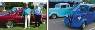  ??  ?? Mustang designer Gale Halderman, left, poses with Ralph Speelman after Halderman signed the glove box of the car. Russ Speelman’s ‘34 Ford extended cab pickup sits next to Bob Speelman’s ‘48 Anglia at a car show. Russ also helped build the Anglia.
