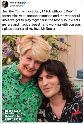  ??  ?? Noel’s tweet tribute to his Bake Off tent buddy Sandi