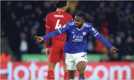  ?? Simon Stacpoole/Offside/Getty Images ?? Ademola Lookman celebrates after his goal that was enough to beat Liverpool 1-0. Photograph: