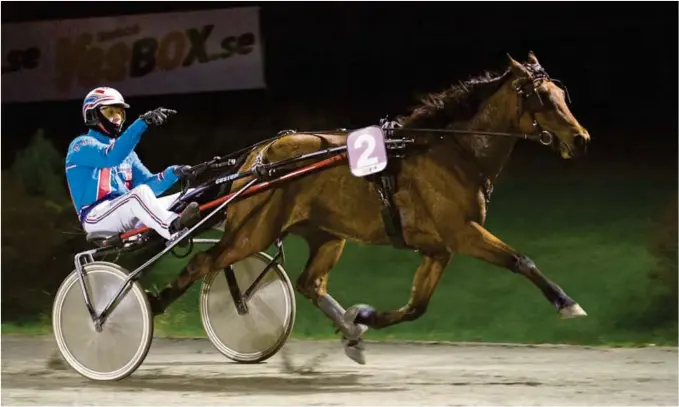  ?? FOTO: HESTEGUIDE­N.COM ?? Per Vetle Kals fra Fjerstad jubler etter at Grimstad-hesten Satori K. Divic vinner på Klostersko­gen. 21-åringen har allerede vunnet 12 løp så langt i 2018.