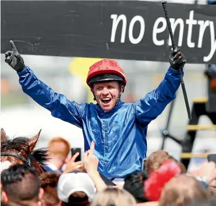 ?? GETTY IMAGES ?? Jockey Kerrin Mcevoy celebrates Cross Counter’s win in the Melbourne Cup, Mcevoy’s third in the event.