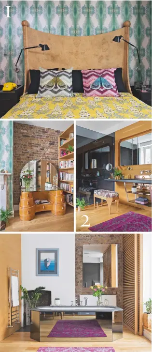  ??  ?? 1 2
Bedroom Art Deco style blends with contempora­ry designs and colourful bedding to create a vibrant scheme. Colonnade blotch wallpaper in teal on Pearl, £240 per roll; bell Moth cushions, £138 each, all timorous beasties. Missprint Foxglove duvet...