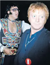  ??  ?? West with Elvis (above) after a concert in 1974; and, right, seated and looking at the camera with Elvis and Priscilla Presley standing next to him in 1971