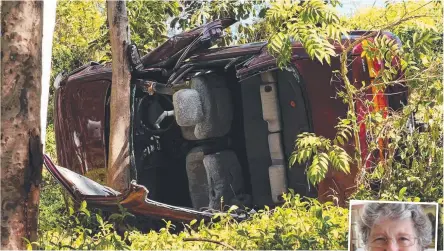  ?? Picture: SCOTT FLETCHER ?? Kitty Breeden (inset) was trapped in this car for seven hours after it rolled down an embankment behind her Mudgeeraba property.