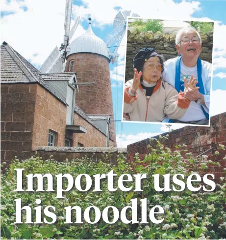  ??  ?? FRESH IS BEST: The buckwheat crop at Callington Mill which was used to make the noodles for the Tasmanian Soba Festival. Inset: Buckwheat importer Rick Shiratori and Fumiko Plaister, who were both delighted with the local product.