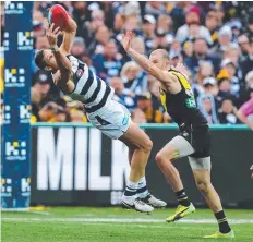  ?? Picture: MICHAEL KLEIN ?? Geelong’s Harry Taylor marks ... and goals. The gifted swingman kicked four for the match yesterday