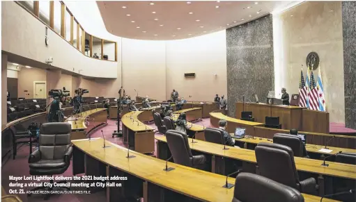  ?? ASHLEE REZIN GARCIA/SUN-TIMES FILE ?? Mayor Lori Lightfoot delivers the 2021 budget address during a virtual City Council meeting at City Hall on Oct. 21.