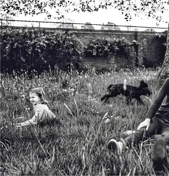  ??  ?? Family life: William relaxes in the Kensington Palace garden with Kate, who is laughing as she watches three-year-old George, a smiling Charlotte and Lupo the spaniel