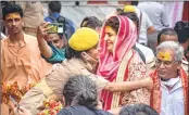  ?? ?? Congress national general secretary and Uttar Pradesh in-charge Priyanka Gandhi Vadra at Durga temple in Varanasi on Sunday.