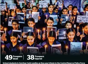  ?? — AFP ?? School students in Amritsar hold candles as they pay tribute to the Central Reserve Police Force personnel killed in the terror attack in Indian Kashmir.