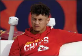  ?? JACK DEMPSEY - THE ASSOCIATED PRESS ?? FILE - In this Thursday, Oct. 17, 2019, file photo, Kansas City Chiefs quarterbac­k Patrick Mahomes sits on the bench prior to an NFL football game against the Denver Broncos in Denver.