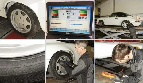  ??  ?? The first test any car undergoes at Center Gravity is on this damper assessment rig (top row, left and middle); in very simple terms a device that oscillates the two wheels on the same axle up and down, and measures their response times. This car’s, needless to say, were past their best. Work is carried out on a scissor-type lift which doubles as the geometry-setting platform (far right). The 964 was a bit of a struggle to position thanks to the common problem – in cars that have stood, like this one – of seized brakes. That would have to be dealt with later. Tyres were legal in respect of tread depth, but in age terms well beyond their use-by date; four-digit code (2705) shows they were made in 2005. Needless to say, any car to be set up MUST have correct sizes, front and back – and the correct pressures, too. If not, any adjustment­s made essentiall­y meaningles­s. Crucially, all data is collected and carefully noted