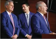  ?? JACQUELYN MARTIN / AP ?? House Speaker Paul Ryan (center) is retiring, putting House Majority Leader Kevin McCarthy (left) and House Majority Whip Steve Scalise in position to contend for his post if Republican­s hold the majority.