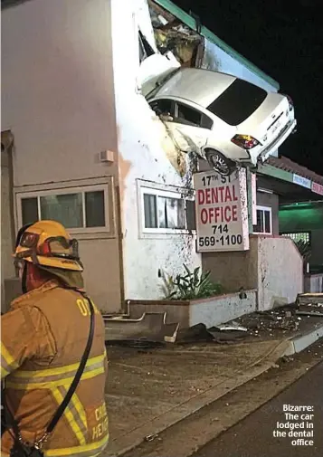  ??  ?? Bizarre: The car lodged in the dental office