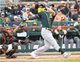  ?? Matt York / Associated Press ?? A’s outfielder Matt Joyce homers against the Giants on Feb. 27. The 2011 American League All-Star throws righthande­d. His father taught him how to hit left-handed.