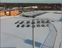  ?? IMAGE COURTESY OF NPTV ?? New light fixtures can be seen adjacent to North Penn High School’s Crawford Stadium, as seen in aerial drone video shot by the high school’s NPTV channel.