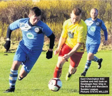  ??  ?? East Chevington SSC (yellow and red) took on Newbiggin New Ship in the Blyth and Wansbeck Sunday League. Picture: STEVE MILLER