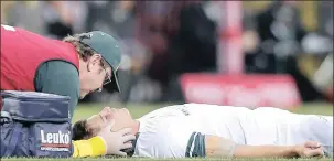  ?? PICTURE: EPA / NIC BOTHMA ?? Springbok flyhalf Pat Lambie lies on the ground after being tackled by Ireland’s CJ Stander during the first Test match between Ireland and South Africa at Newlands Stadium in Cape Town. Lambie left the field with concussion.