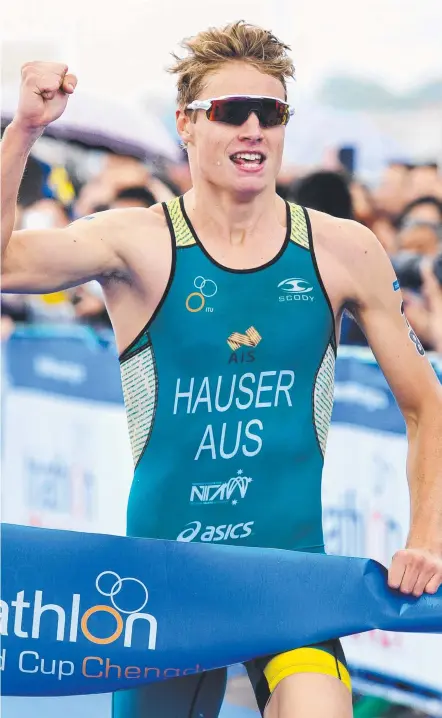  ?? Picture: ITU ?? Gold Coast triathlete Matt Hauser, winning in China, has high hopes for the Commonweal­th Games.