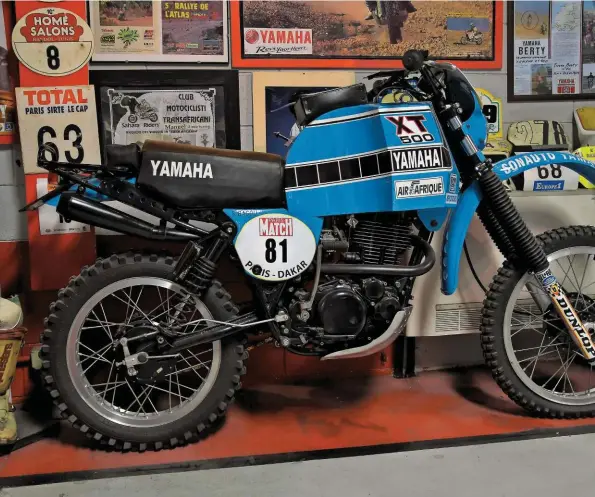  ??  ?? Above: The 1981 XT550 factory machine, in classic Sonauto livery, ridden by Frenchman Serge Bacou in the Paris-dakar Rally